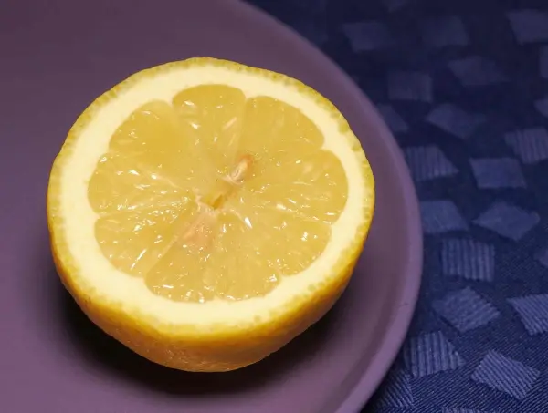 Eine halbierte Zitrone liegt auf einem lila Teller, bereit, frischen Zitronensaft für eine Zuckerfreie Zitronenlimo zu liefern.