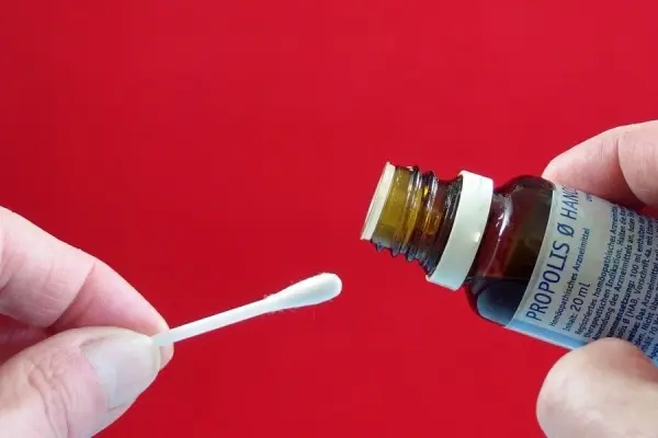 Eine Hand hält einen Wattestäbchen, der bereit ist, in eine Flasche mit Propolis-Tropfen für Lippenherpes getaucht zu werden.