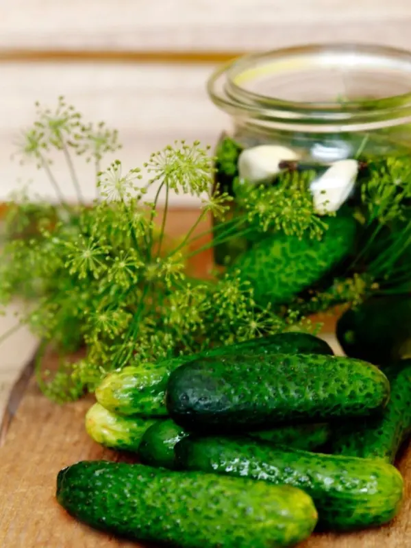 Frische Salzgurken liegen auf einem Holzbrett neben einem Glas mit eingelegten Gurken und Gewürzen wie Dill und Knoblauch.
