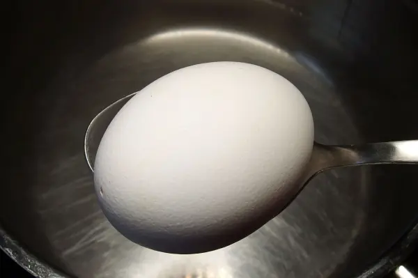 Ein Ei wird vorsichtig mit einem Löffel ins Wasser gelegt, um energiesparend Eier zu kochen.