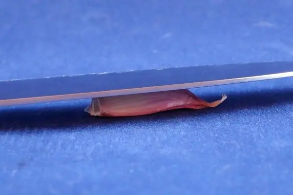 Ein Knoblauchzehe liegt unter einem Messer, während es geschält wird, auf einer blauen Oberfläche.