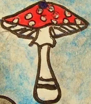 Ein roter Fliegenpilz mit weißen Punkten steht auf einer blauen Fläche, umgeben von farbigem Hintergrund.
