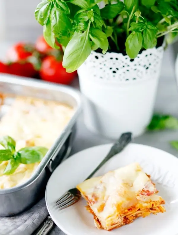 Ein Teller mit Bolognese-Lasagne liegt neben einer Auflaufform und frischem Basilikum in einem Topf, umgeben von Tomaten.