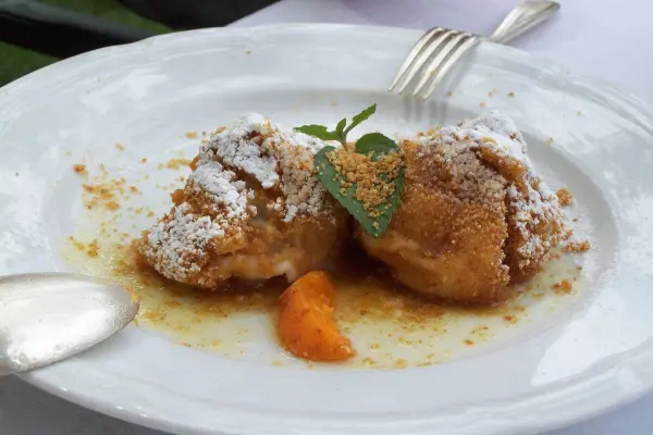 Zwei Marillenknödel auf einem weißen Teller, bestäubt mit Puderzucker, liegen in einer süßen Soße und frischen Kräutern.