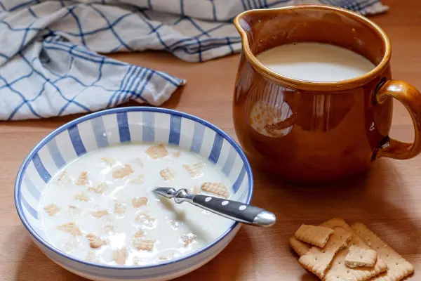 Eine Schüssel mit Koldskal steht auf einem Tisch, während ein Krug daneben Milch enthält, um das Dessert zu ergänzen.