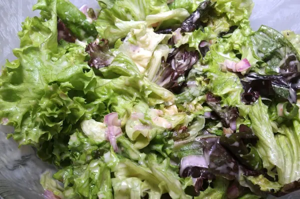 Frischer Blattsalat gemischt mit einer cremigen Salatsoße, die ihm Geschmack und Farbe verleiht.