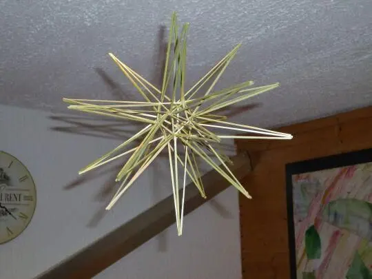 Ein dreidimensionaler Deko-Stern aus Gräsern schwebt im Raum, umgeben von einer Holzdecke und einem künstlerischen Hintergrund.
