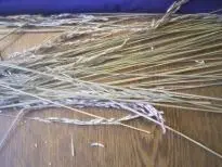 Ein Deko-Stern aus Gräsern liegt auf einem Tisch, umgeben von weiteren gesammelten Halmen in natürlicher Umgebung.