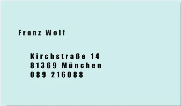 Eine bunte Visitenkarte zeigt den Namen und Kontaktdaten von Franz Wolf in einem klaren Layout.