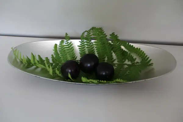 Drei schwarze Früchte liegen auf einem grünen Farnblatt in einer silbernen Schale, harmonisch angerichtet.