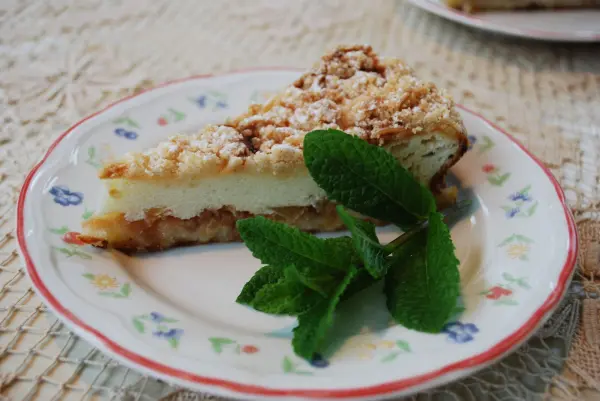 Saftiger Apfel-Pudding-Kuchen mit einer Streuselschicht liegt auf einem blumengemusterten Teller und frischem Minze.