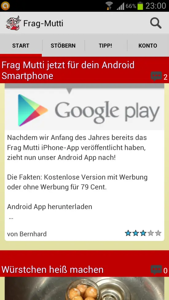 Die Anwendung zeigt die Frag Mutti App für Android, die im Google Play Store verfügbar ist, mit Informationen zur Version.