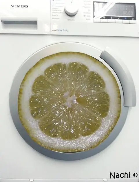 Ein großes, frisches Zitronenrad liegt auf der Tür einer Waschmaschine, das den Duftweichspüler symbolisiert.