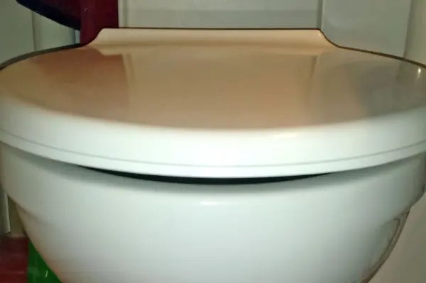 Eine saubere Toilettenbrille steht auf dem WC, bereit für eine nächtliche Reinigung in einem Badezimmer.