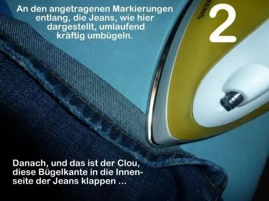 Ein Bügeleisen steht über einer Jeans, während es eine Kante kräftig umbügeln soll. Text beschreibt die Vorgehensweise.