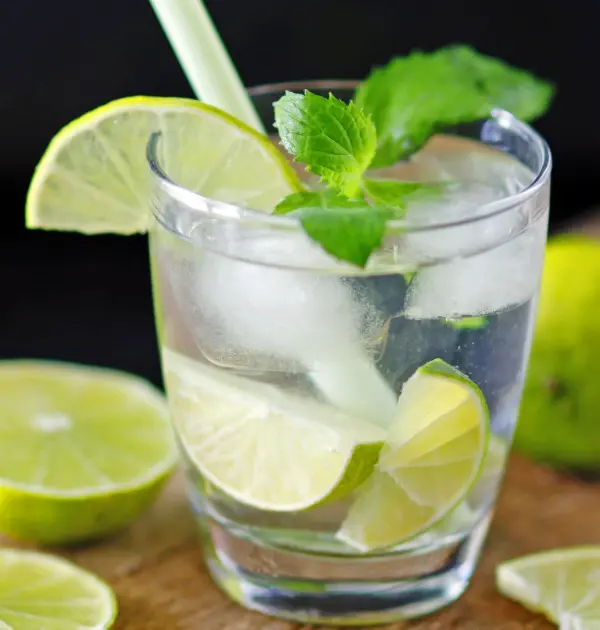 Ein Glas Selbstgemachte Limo steht auf einem Tisch, gefüllt mit Eis, Limettenscheiben und frischer Minze.