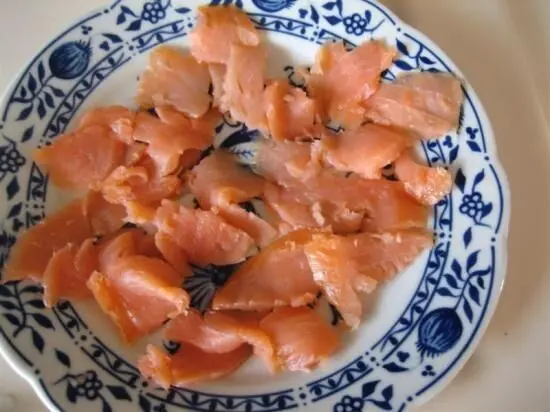 Auf einem dekorativen Teller liegt fein geschnittener Lachs, bereit für eine Schmand-Lachssauce und bunten Reis.