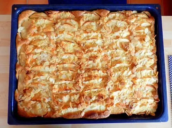 Schneller Apfelkuchen mit Öl vom Blech: Saftige Apfelspalten und Mandeln auf lockerem Teig, perfekt für spontanen Kuchenhunger.