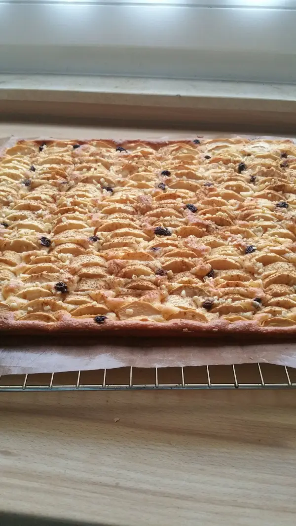 Ein frisch gebackener Ruckzuck-Apfelkuchen liegt goldbraun auf einem Rost in einer hellen Küche.