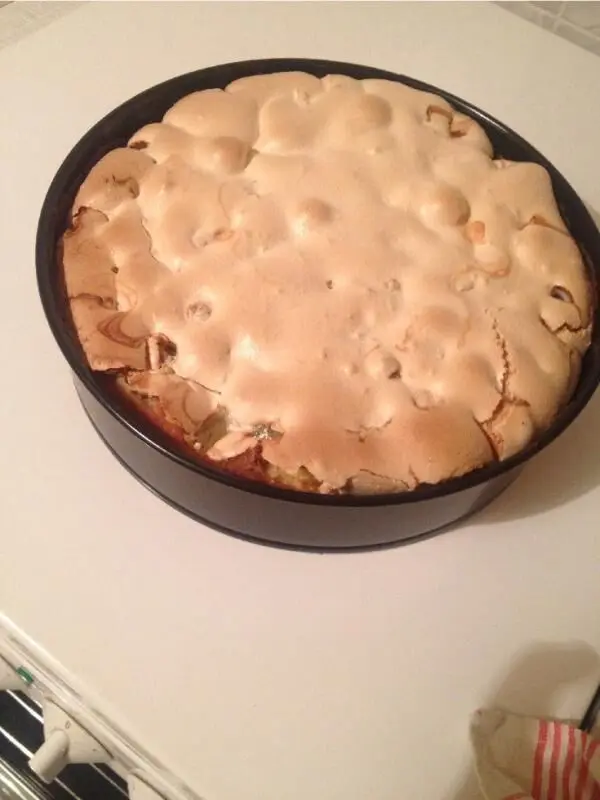 Ein Stachelbeerkuchen mit goldbrauner Baiserhaube steht auf einer weißen Fläche und wirkt frisch gebacken.