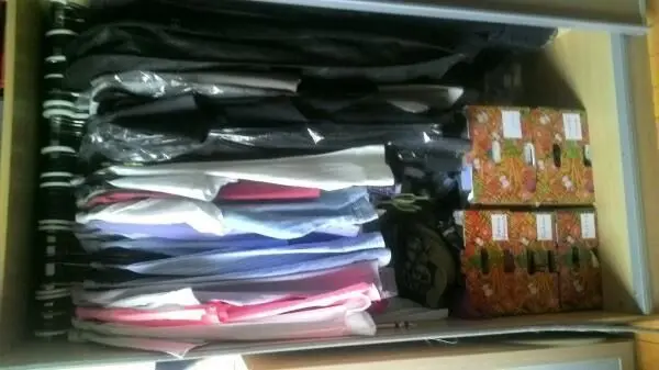 Kleider und zwei Kisten stehen ordentlich im Schrank, während die Hemden gefaltet nebeneinander liegen und angeordnet sind.