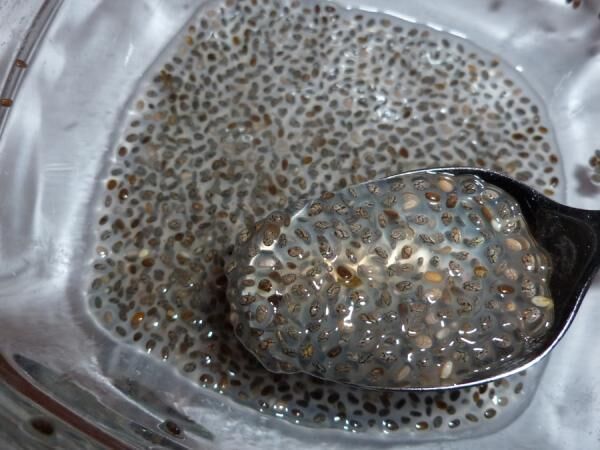 Chia-Samen saugen sich in Wasser auf einem Löffel voll und in einer Schüssel; ihre gelartige Konsistenz wird sichtbar.
