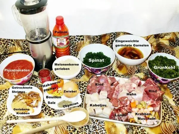 Zutaten für Egusi Soup, darunter Melonenkerne, Rind, Huhn, Krabben, Spinat und Grünkohl, liegen auf einem Tisch.