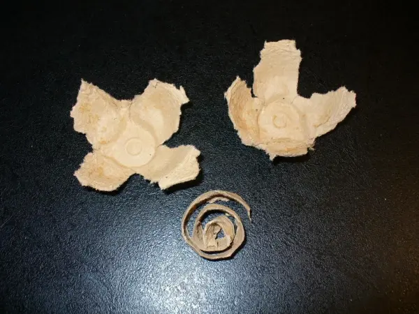 Eierkartons liegen ausgeschnitten als Deko-Rosen auf dunklem Hintergrund in zwei offenen Formen und einer zusammengerollten.
