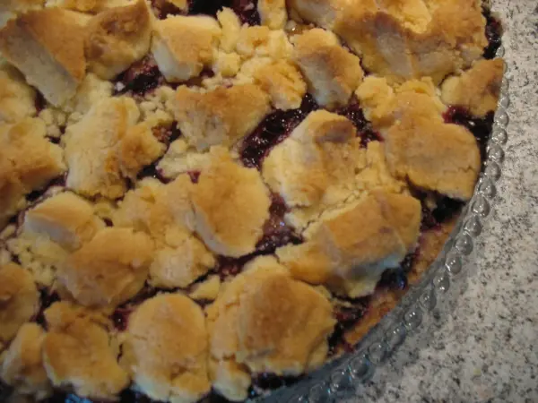 Eine Zwetschgen-Streusel-Torte liegt auf einer Arbeitsfläche, die goldene Streuselkruste über saftigen Zwetschgen zeigt.
