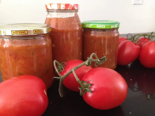 Drei Gläser mit Tomaten-Chutney stehen auf einem Tisch, umgeben von roten, frischen Tomaten, die darauf warten, verwendet zu werden.