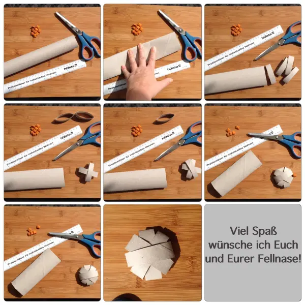 Papprolle wird mit Schere und Lineal zu Katzenspielzeug geschnitten; Text: "Viel Spaß wünsche ich Euch und Eurer Fellnase!"