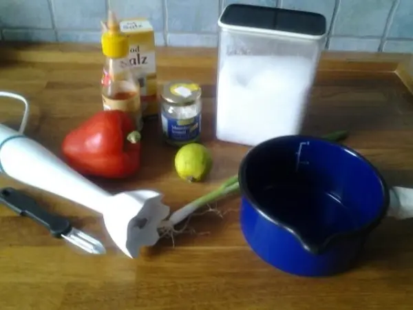 Zutaten für Paprikamus: rote Paprika, Limette, Frühlingszwiebel liegen auf Holzfläche mit Stabmixer und Topf. Salz, Honig, Glas mit "Meersalz-Würze" im Hintergrund.