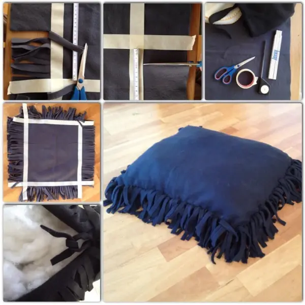 Ein blaues, fransiges Kissen liegt auf einem hellen Holzboden, umgeben von Scheren und anderen Materialien für Haustierschlafplätze.