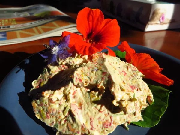 Frischer selbstgemachter Kapuzinerkresse-Aufstrich bringt Farbe und Würze auf Dein Brot.