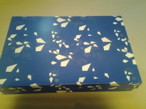 Eine dekorative, blaue Box mit weißen Mustern steht auf einem Tisch, bereit zum Falten von Hemden oder Blusen für die Aktentasche.