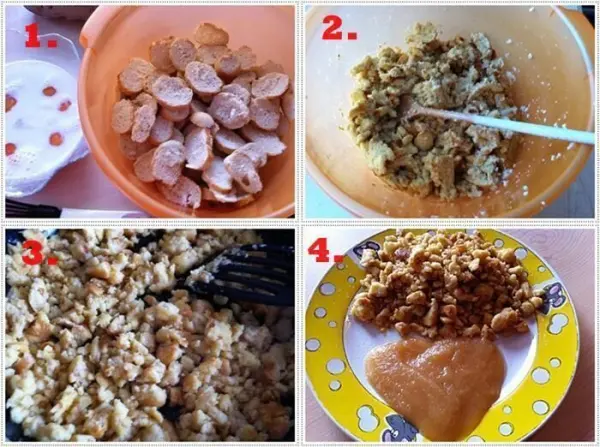 Scheiben von Semmelschmarrn werden in einer Schüssel gemischt, gebraten und schließlich mit Apfelmus auf einem bunten Teller serviert.