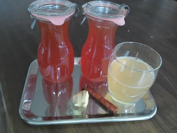 Zwei Glaskaraffen mit roten Sirup und ein Glas mit gelbem Getränk auf einem silbernen Tablett in einer gemütlichen Umgebung.
