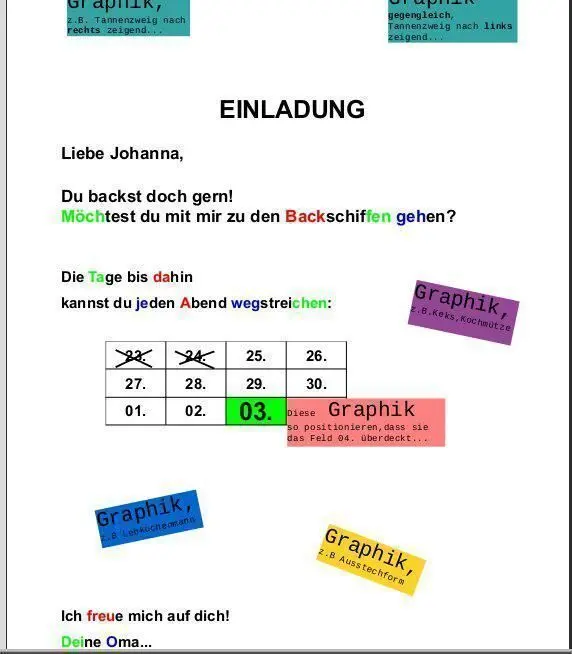 Eine Einladung von der Oma an die Enkelin. Sie lädt zu einer Backaktion ein und schlägt Termine vor.