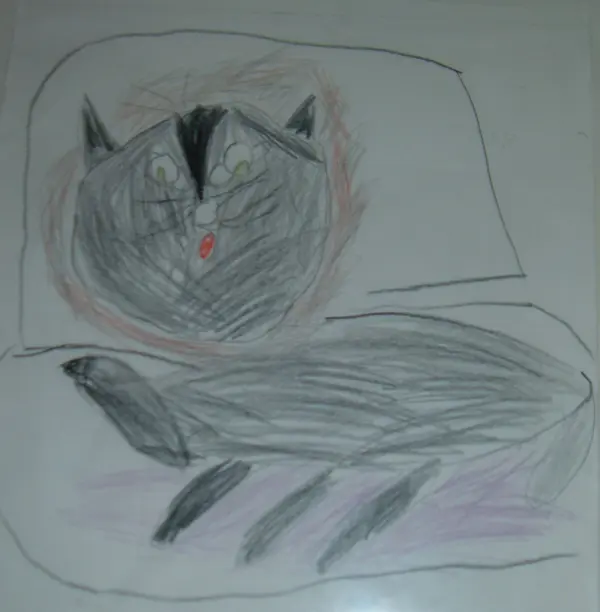 Ein dunkelgrauer, cartoonartiger Blick auf eine Katze, die entspannt liegt und überraschend aussieht, in einem einfachen Umfeld.