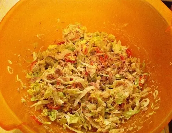 Eine Schüssel mit einer bunten Mischung aus Thunfisch und Gemüse wird sorgfältig mit einer cremigen Sauce vermengt.