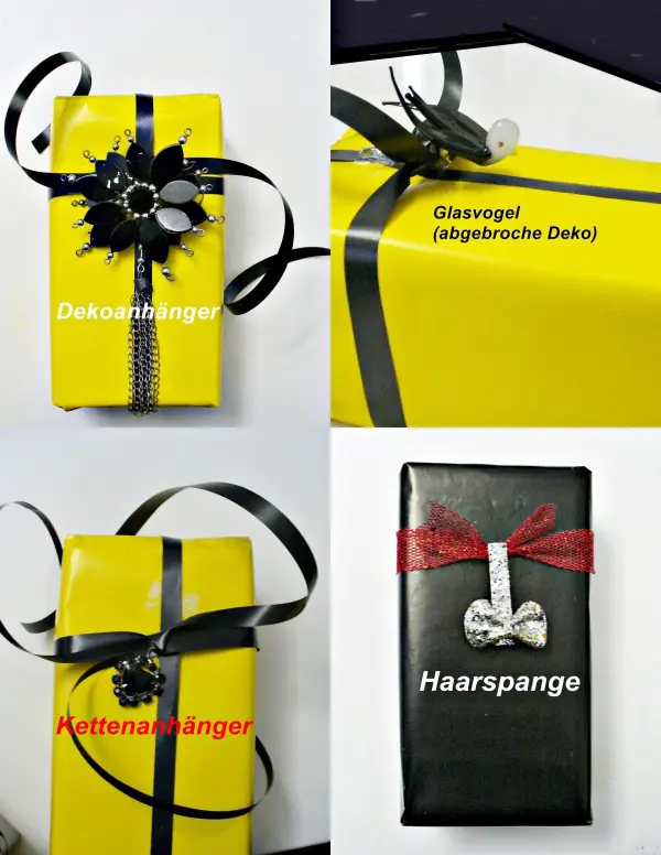 Bunte Geschenke sind kreativ verziert. Gelbes und schwarzes Geschenk mit Deko und eine schwarze Verpackung mit roter Schleife.