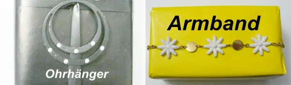 Ohrhänger und ein gelbes Armband liegen nebeneinander, dekorativ präsentiert für Geschenke schön verzieren.