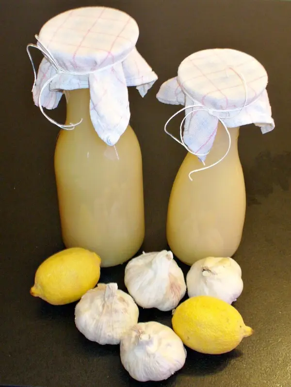 Zwei Flaschen mit Zitronen-Knoblauch-Tinktur stehen auf einem Tisch, umgeben von frischen Zitronen und Knoblauchzehen.