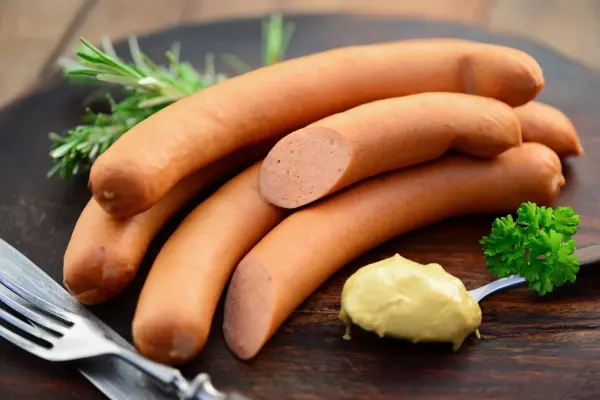 Brühwürstchen liegen auf einem Holzbrett, daneben ein Teelöffel Senf, bereit zum schnellen Erhitzen.