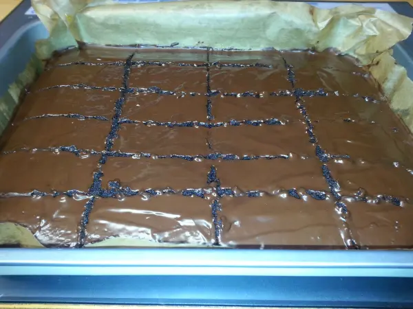 Lockere Brownies liegen auf einem Blech und sind in gleichmäßige Stücke geschnitten, bereit zum Servieren.
