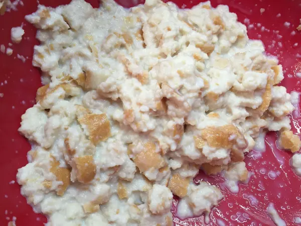 Ein Teller mit Maultaschen-Füllung, die cremig und stückig aussieht, liegt auf einer roten Oberfläche.