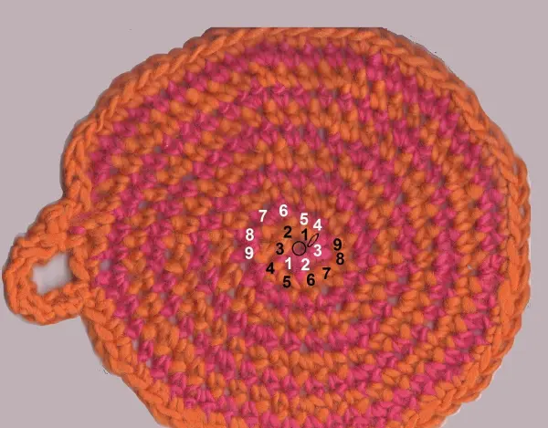 Ein gefilzter Topflappen in zweifarbigen Spiralen liegt flach auf einem neutralen Hintergrund und zeigt leuchtende orange- und pinkfarbene Runden.