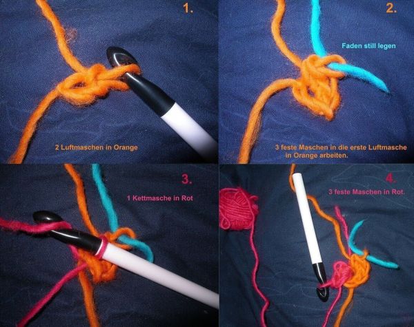 Eine Häkelnadel arbeitet mit buntem Garn, um zweifarbige Spiralen für gefilzte Topflappen zu schaffen.