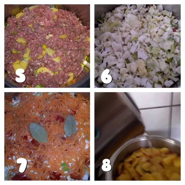 Eine Mischung aus Hackfleisch und Gemüse wird in einer Schüssel vorbereitet, um köstliche Faulenzer-Kohlrouladen zu kreieren.