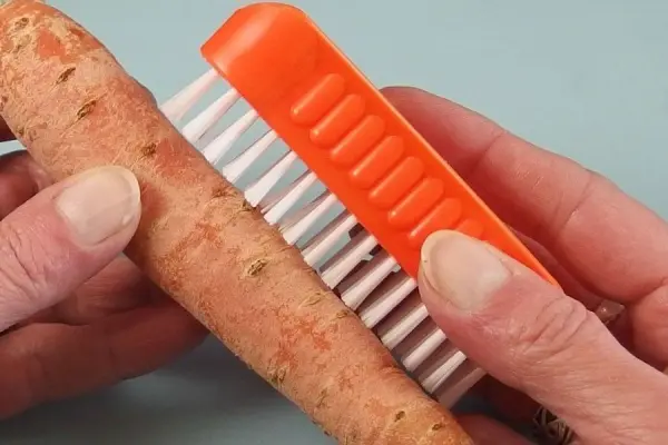 Eine Hand hält eine Möhre, während sie mit einer Bürste gereinigt wird, um Schmutz zu entfernen, an einem hellen Hintergrund.